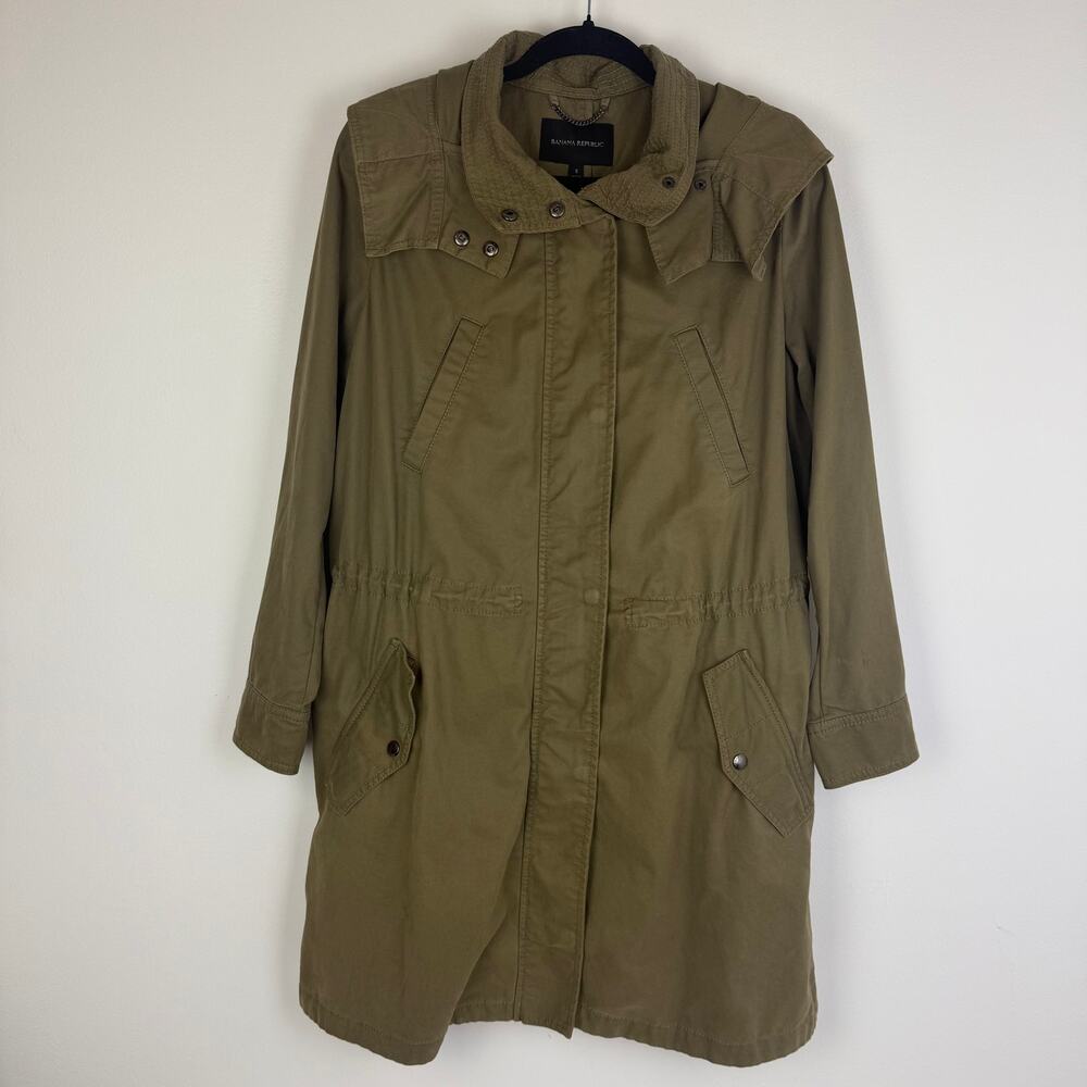 Banana Republic Womens Military Utility Hooded Olive Green Parka Long Coat Small